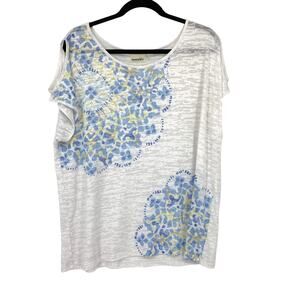 Three Hearts Women's XL Cold Shoulder Rhinestone Burnout T-Shirt Top White Blue